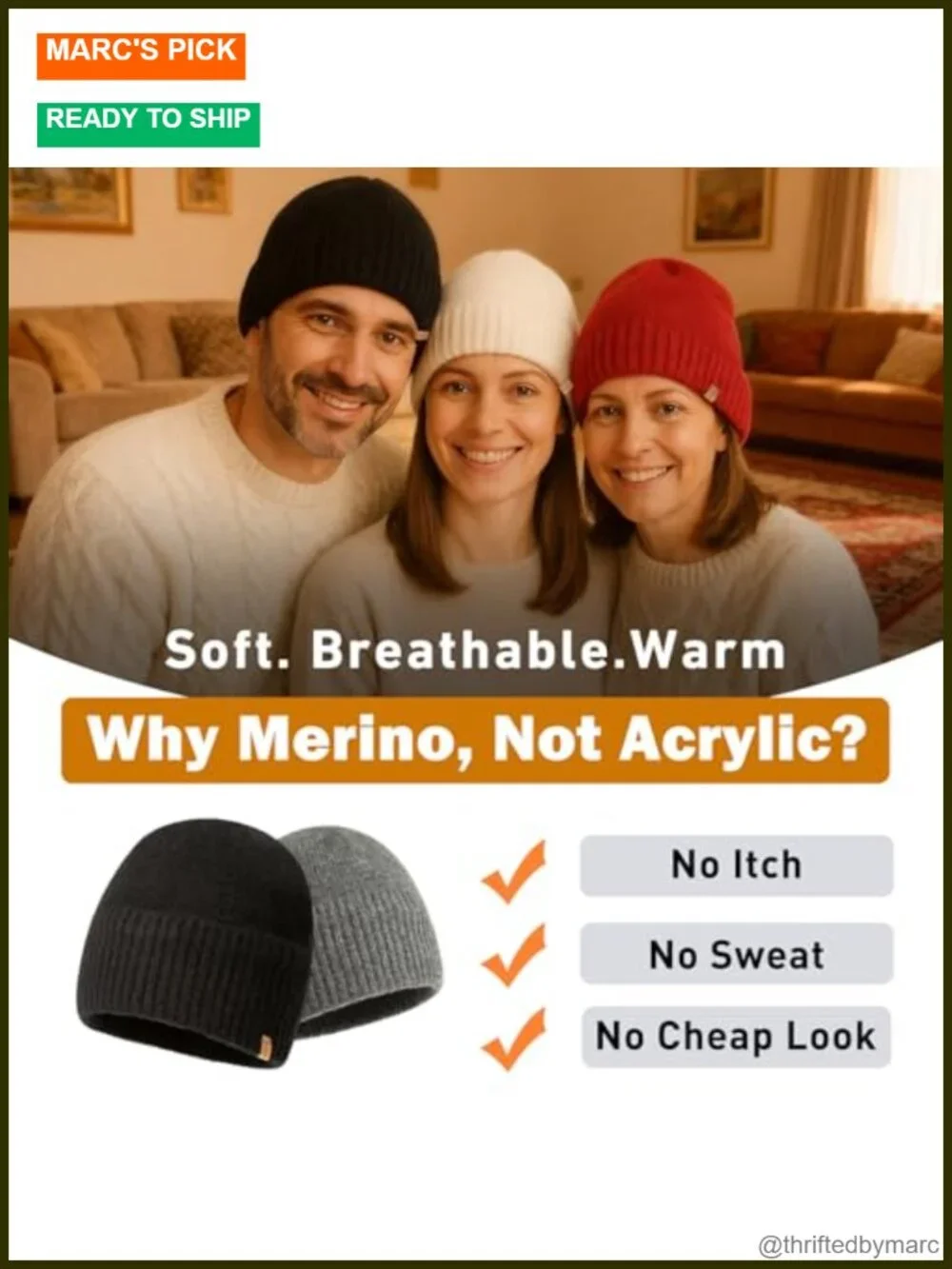100% Merino Wool Fleece Lined Oversized Beanie Cuffed Watch Cap